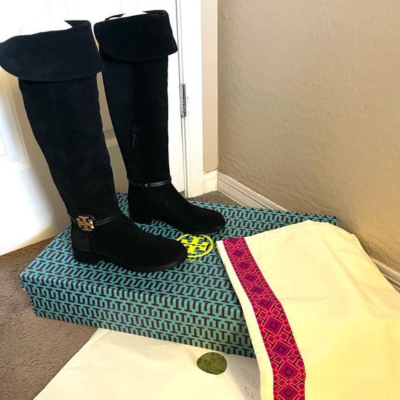 TORY BURCH MILLER BLACK SUEDE OVER THE KNEE BOOTS 5.5 & Dust Bag NEW - Picture 7 of 11